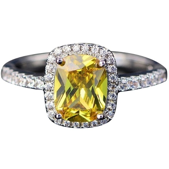 Citrine Rectangular Diamond Halo Silver Ring - Picture 4 of 7